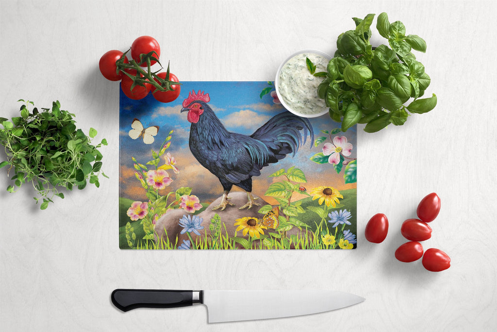 Black Rooster Cutting Board Tempered Glass Kitchen Cutting Surface, Heat Resistant Chopping, Non-Slip Feet, Food Prep & Serving