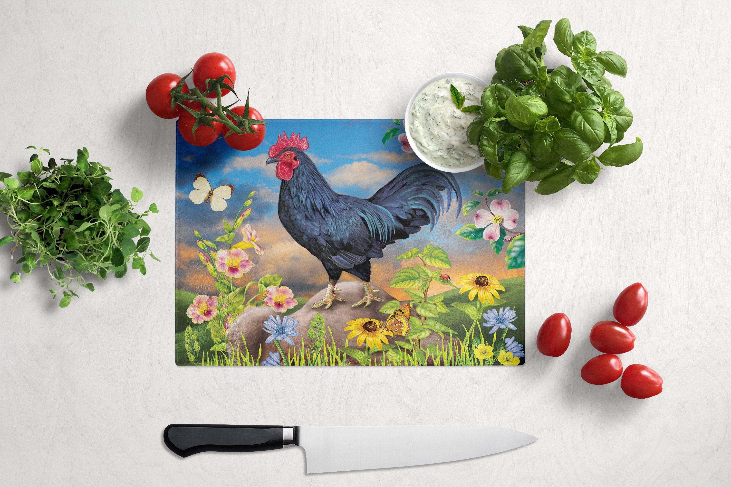 Black Rooster Cutting Board Tempered Glass Kitchen Cutting Surface, Heat Resistant Chopping, Non-Slip Feet, Food Prep & Serving