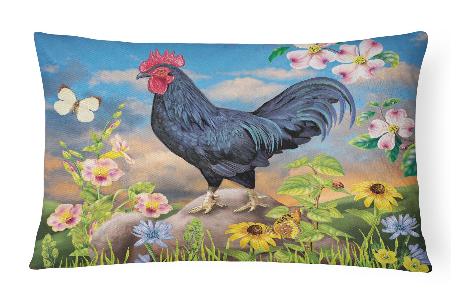 Black Rooster Decorative Throw Pillow 12x16 Indoor Outdoor Accent Cushion, Fabric Cover with Insert for Sofa, Bed, Porch & Living Room