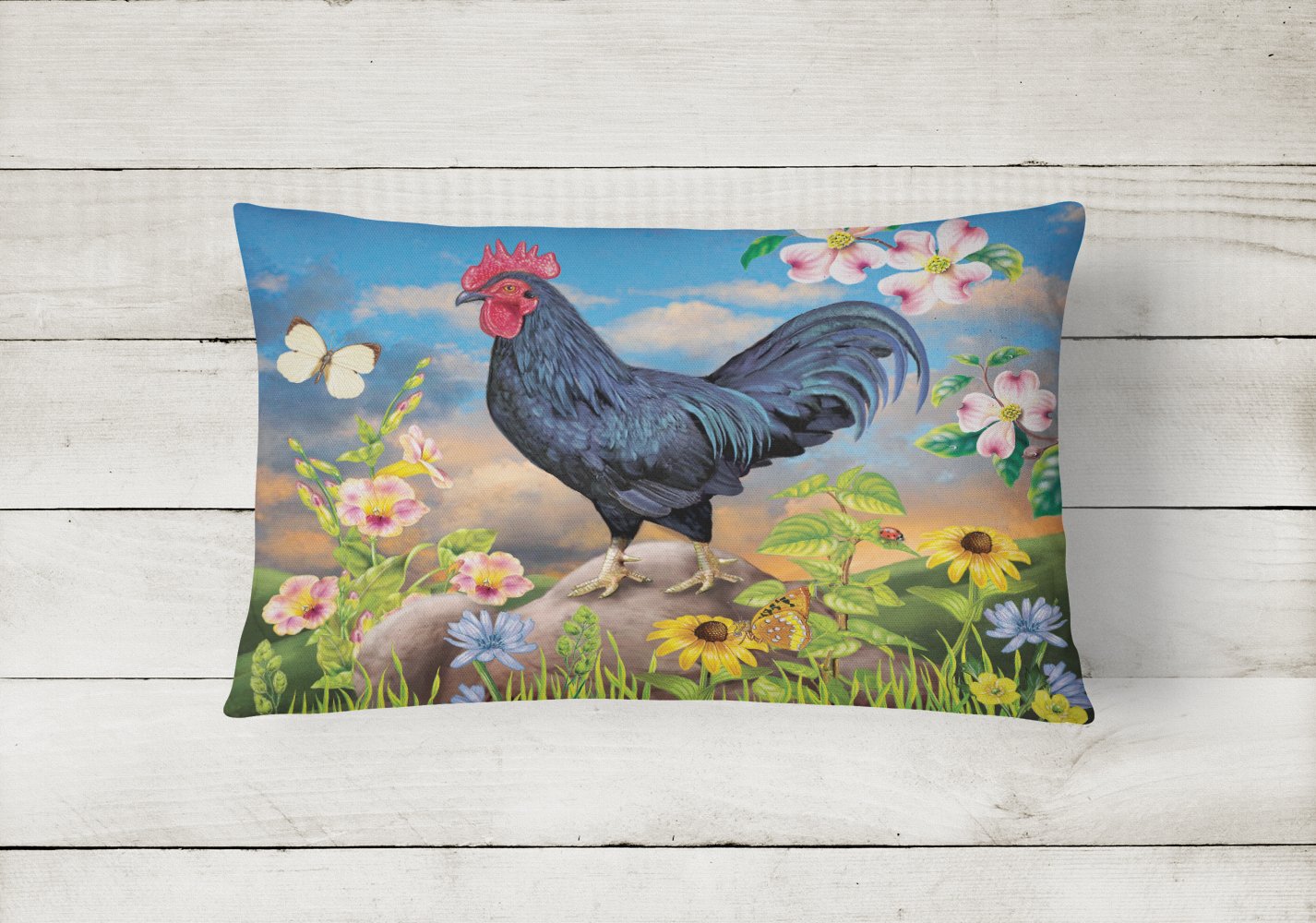 Black Rooster Decorative Throw Pillow 12x16 Indoor Outdoor Accent Cushion, Fabric Cover with Insert for Sofa, Bed, Porch & Living Room