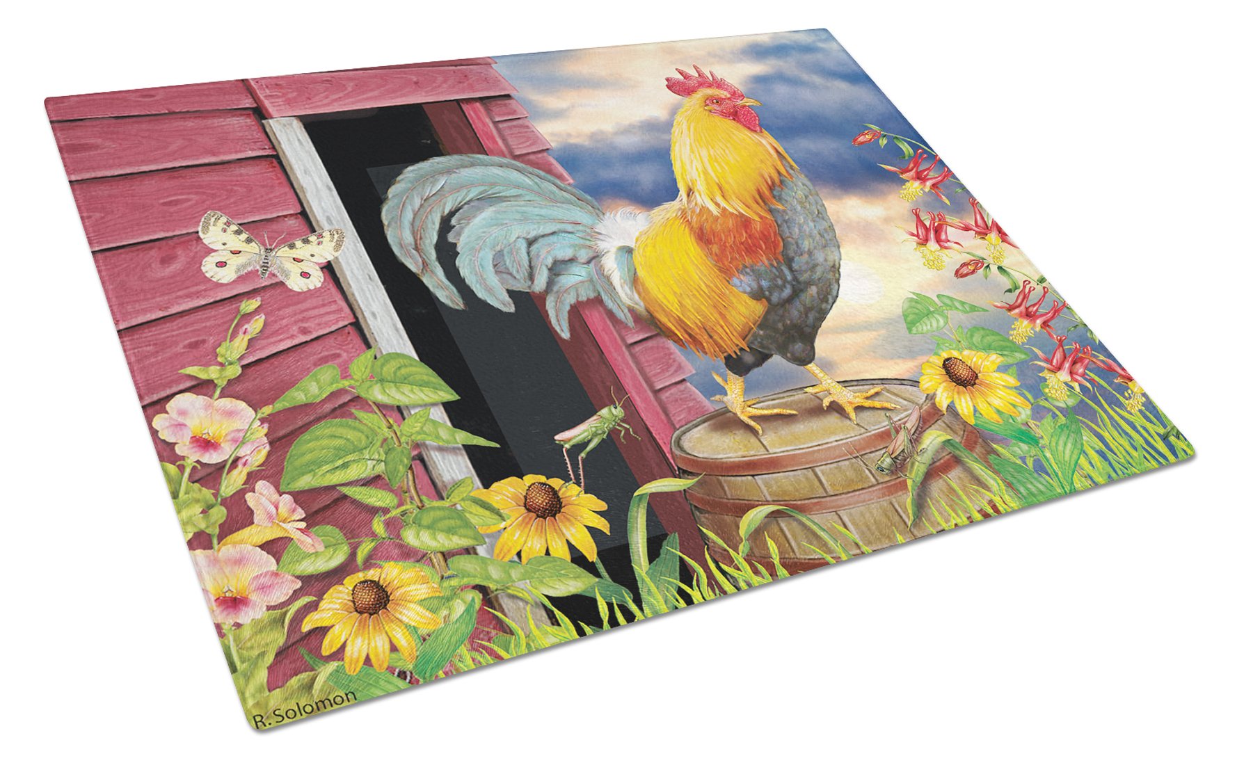 Rooster Barnyard Morning Cutting Board Tempered Glass Kitchen Cutting Surface, Heat Resistant Chopping, Non-Slip Feet, Food Prep & Serving