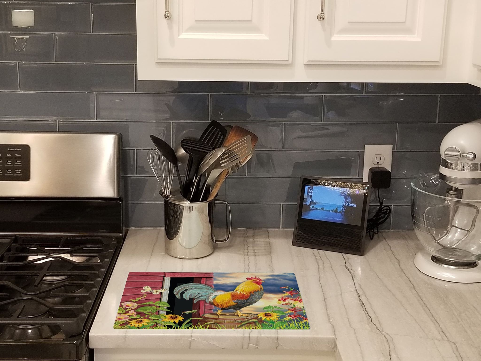 Rooster Barnyard Morning Cutting Board Tempered Glass Kitchen Cutting Surface, Heat Resistant Chopping, Non-Slip Feet, Food Prep & Serving