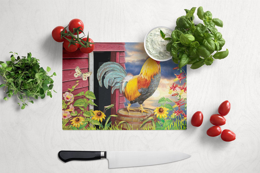 Rooster Barnyard Morning Cutting Board Tempered Glass Kitchen Cutting Surface, Heat Resistant Chopping, Non-Slip Feet, Food Prep & Serving