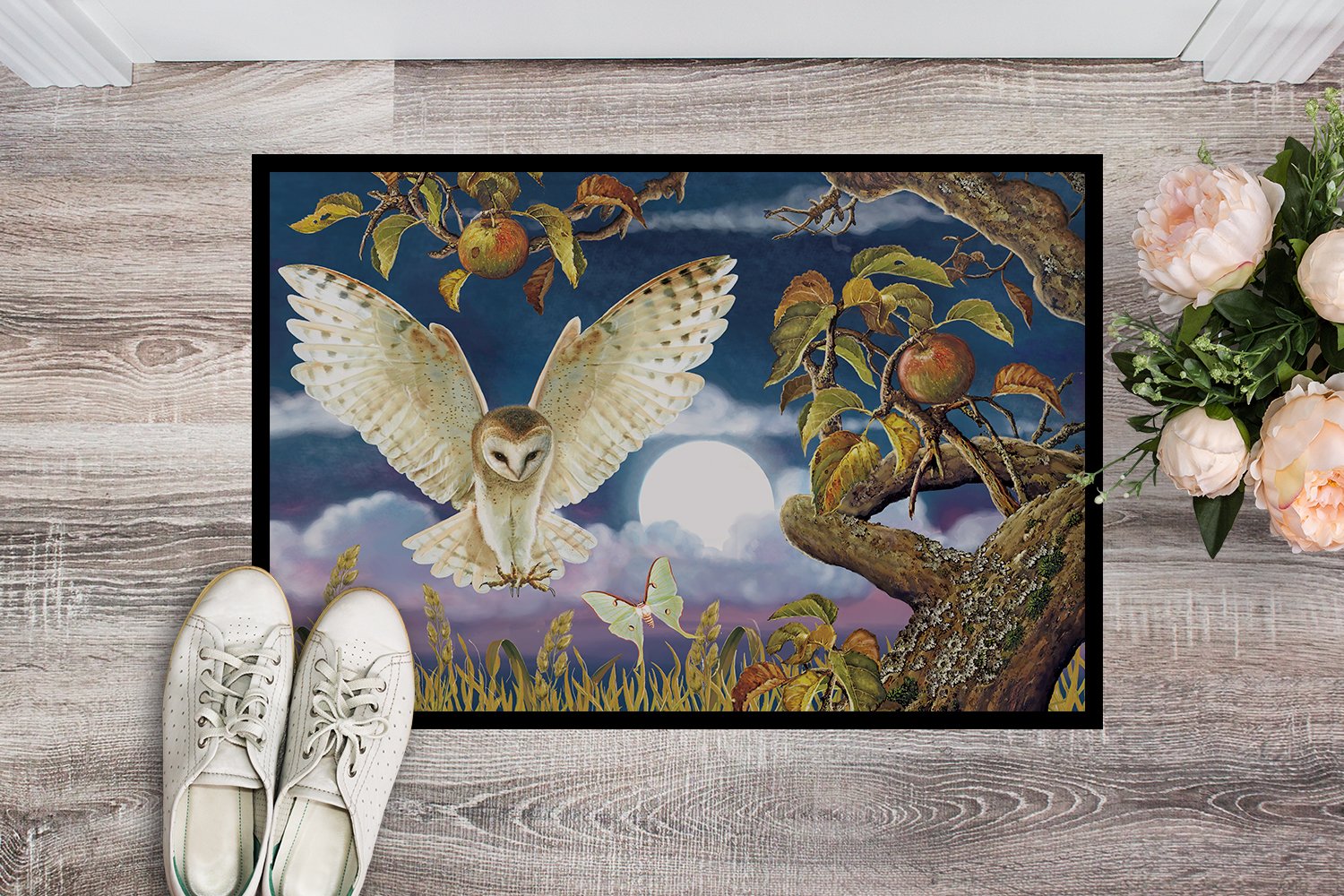 Barn Owl In The Apple Orchard Doormat Indoor Outdoor 24H X 36W Front Door Mat Rugs for Entryway, Non Slip Washable Low Pile,