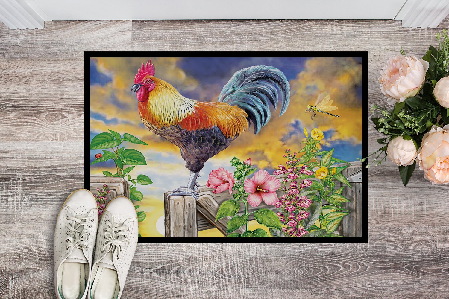 Rooster Barnyard Morning Doormat Indoor Outdoor 24H X 36W Front Door Mat Rugs for Entryway, Non Slip Washable Low Pile,