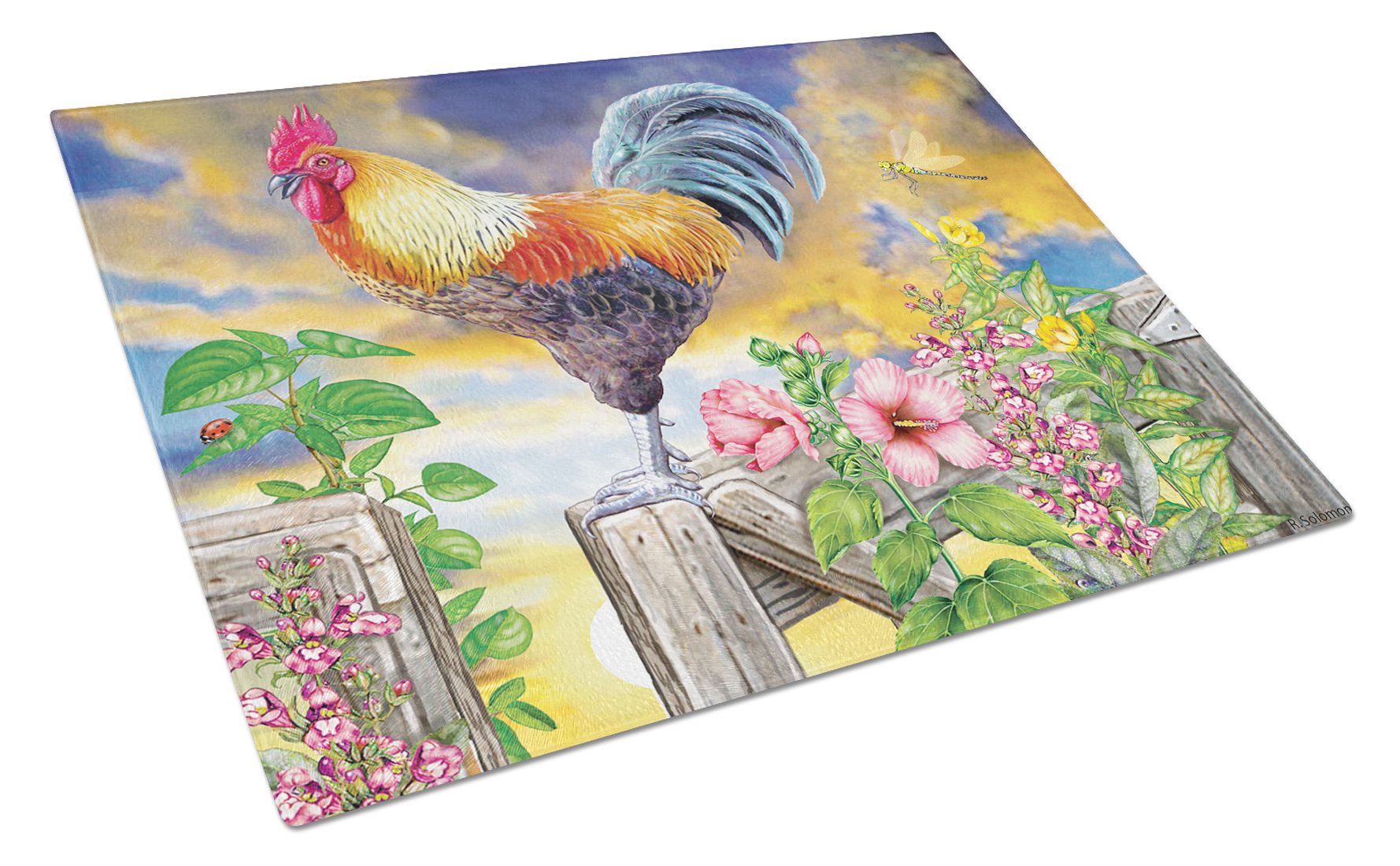 Rooster Barnyard Morning Cutting Board Tempered Glass Kitchen Cutting Surface, Heat Resistant Chopping, Non-Slip Feet, Food Prep & Serving