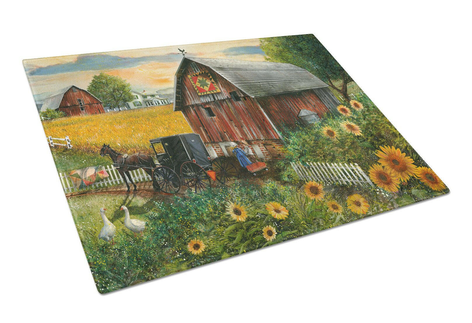 Sunflower Country Paradise Barn Cutting Board Tempered Glass Kitchen Cutting Surface, Heat Resistant Chopping, Non-Slip Feet, Food Prep & Serving