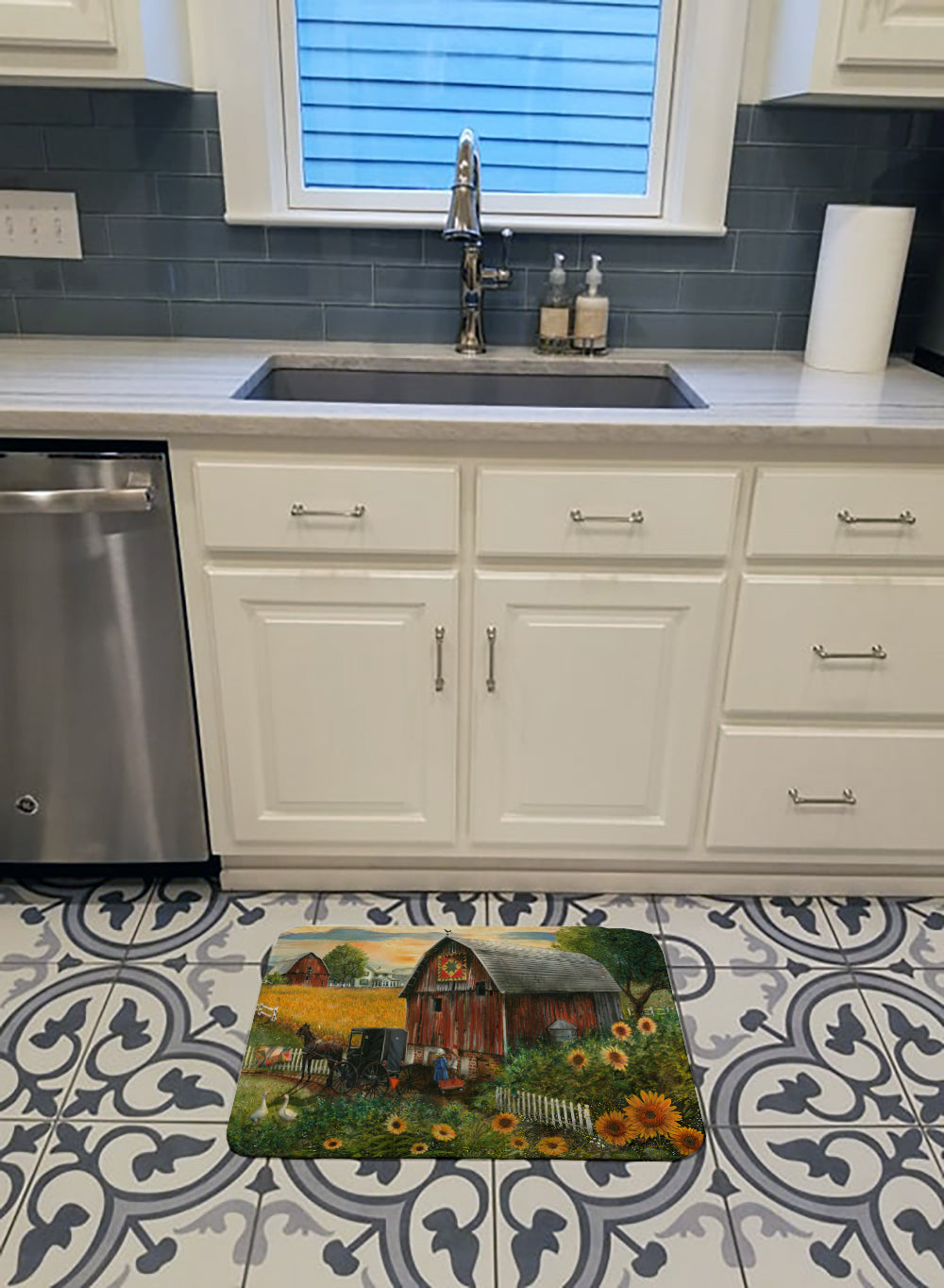 Sunflower Country Paradise Barn Memory Foam Kitchen Mat Machine Washable Anti-Fatigue Cushion Comfort Bath or Kitchen Rug