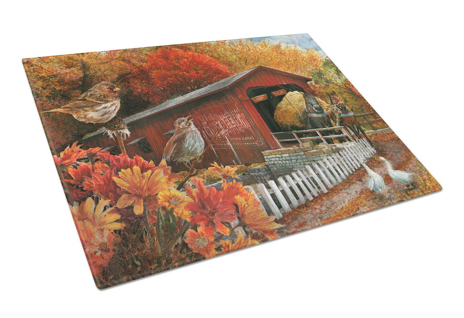 Fall Covered Bridge Cutting Board Tempered Glass Kitchen Cutting Surface, Heat Resistant Chopping, Non-Slip Feet, Food Prep & Serving