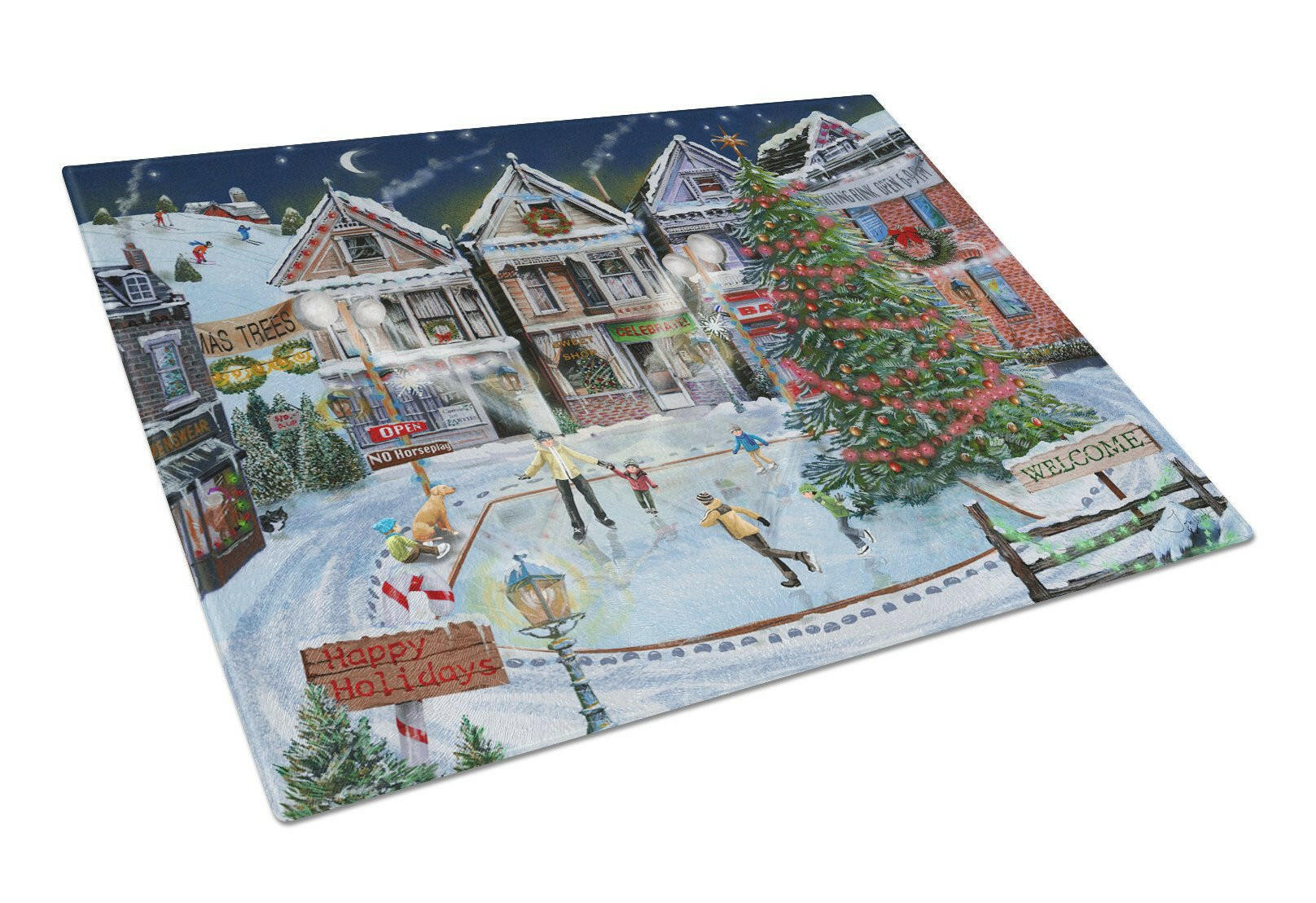 Christmas Family Skate Night Cutting Board Tempered Glass Kitchen Cutting Surface, Heat Resistant Chopping, Non-Slip Feet, Food Prep & Serving