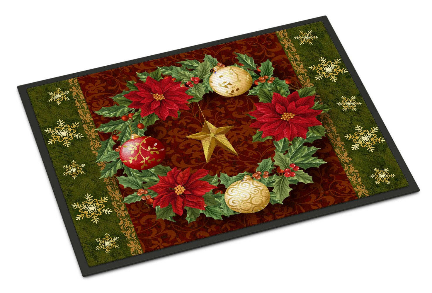 Holly Wreath with Christmas Ornaments Doormat Indoor Outdoor 24H X 36W Front Door Mat Rugs for Entryway, Non Slip Washable Low Pile,