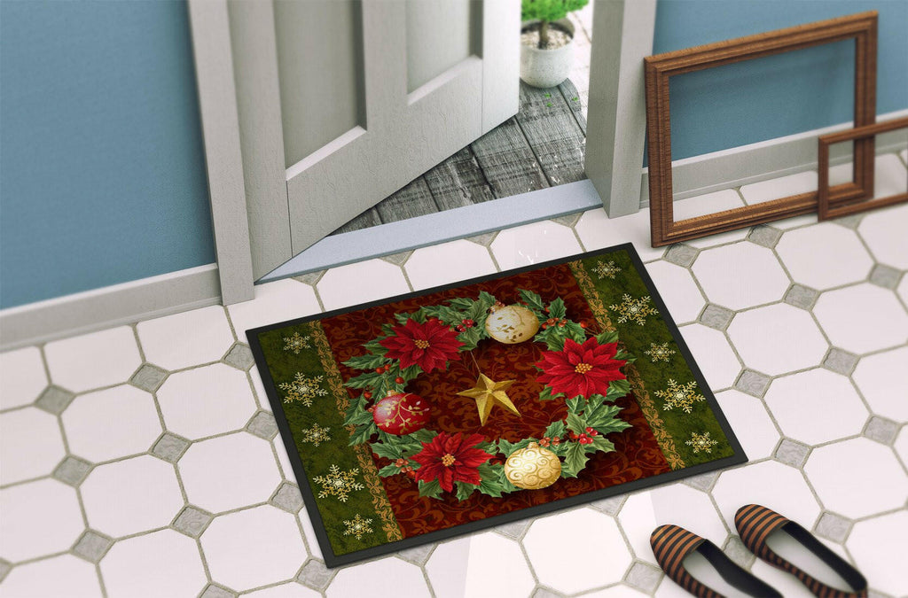 Holly Wreath with Christmas Ornaments Doormat Indoor Outdoor 24H X 36W Front Door Mat Rugs for Entryway, Non Slip Washable Low Pile,