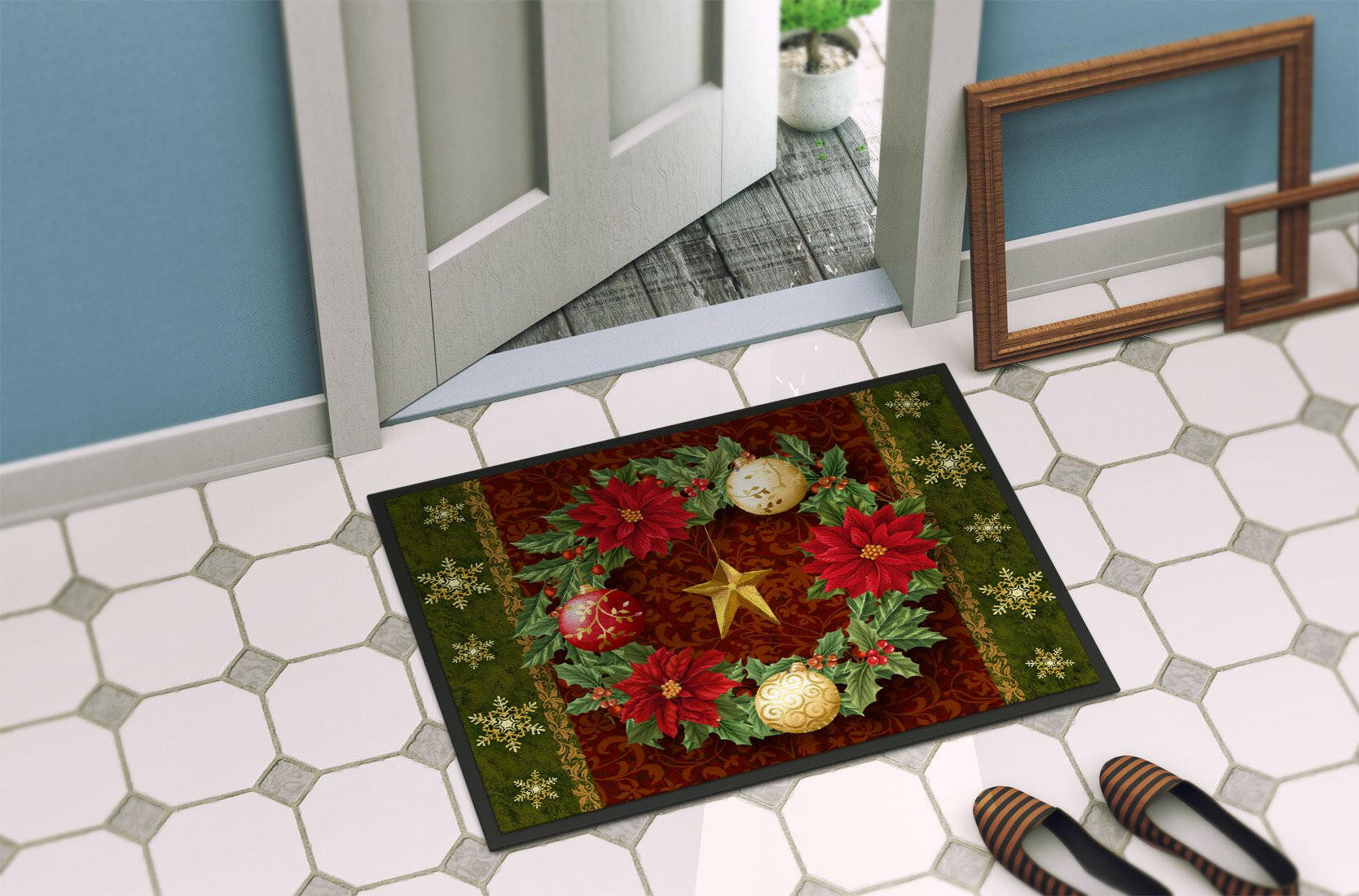 Holly Wreath with Christmas Ornaments Doormat Indoor Outdoor 24H X 36W Front Door Mat Rugs for Entryway, Non Slip Washable Low Pile,
