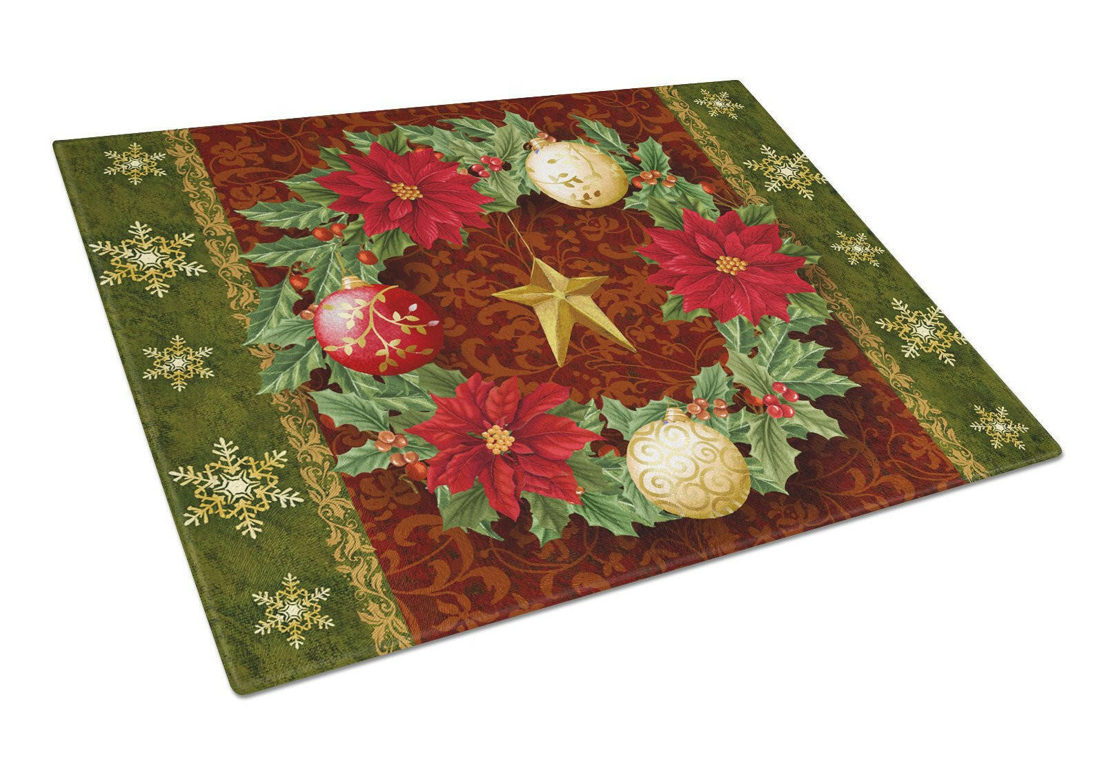 Holly Wreath with Christmas Ornaments Cutting Board Tempered Glass Kitchen Cutting Surface, Heat Resistant Chopping, Non-Slip Feet, Food Prep & Serving