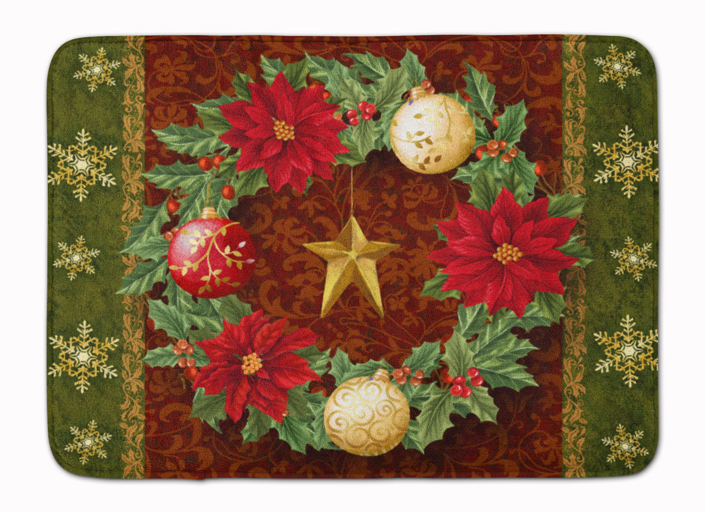 Holly Wreath with Christmas Ornaments Memory Foam Kitchen Mat Machine Washable Anti-Fatigue Cushion Comfort Bath or Kitchen Rug