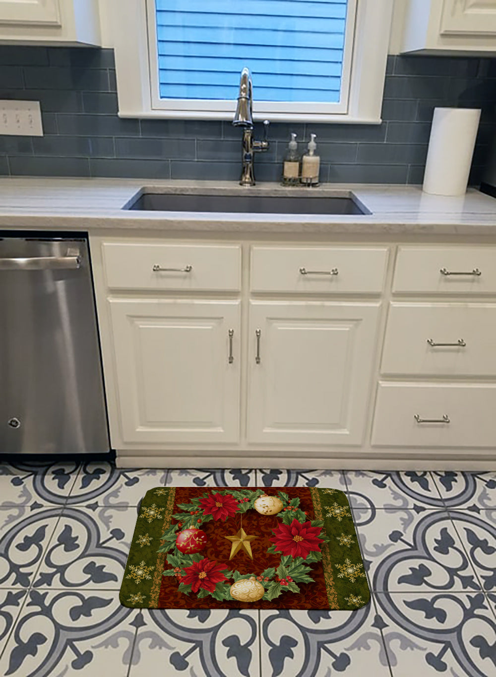 Holly Wreath with Christmas Ornaments Memory Foam Kitchen Mat Machine Washable Anti-Fatigue Cushion Comfort Bath or Kitchen Rug