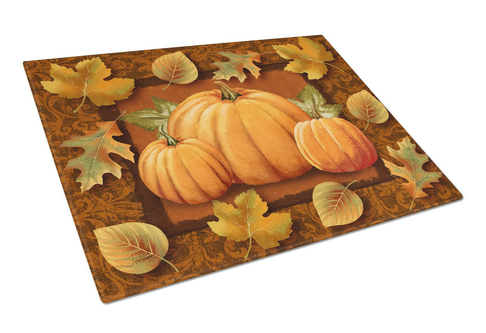Pumpkins and Fall Leaves Cutting Board Tempered Glass Kitchen Cutting Surface, Heat Resistant Chopping, Non-Slip Feet, Food Prep & Serving