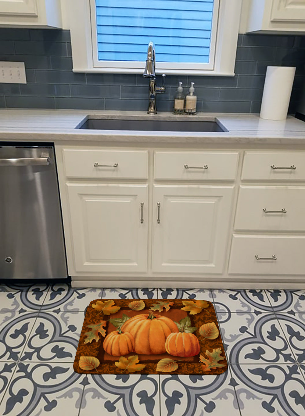 Pumpkins and Fall Leaves Memory Foam Kitchen Mat Machine Washable Anti-Fatigue Cushion Comfort Bath or Kitchen Rug
