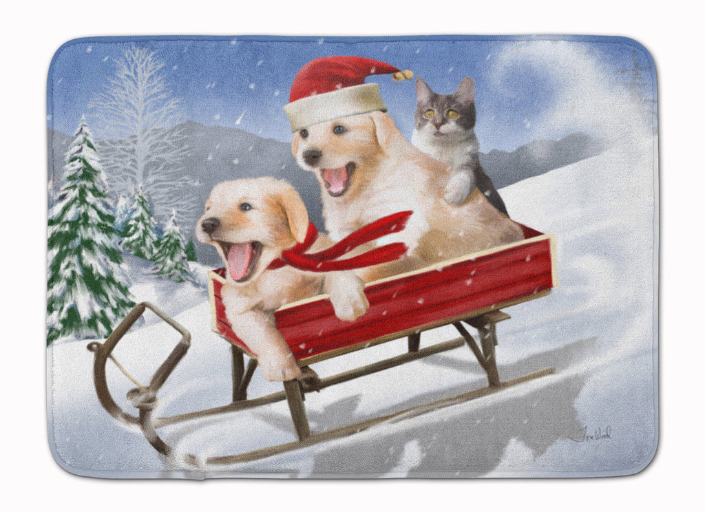 Dogs and Kitten in Sled Need for Speed Memory Foam Kitchen Mat Machine Washable Anti-Fatigue Cushion Comfort Bath or Kitchen Rug