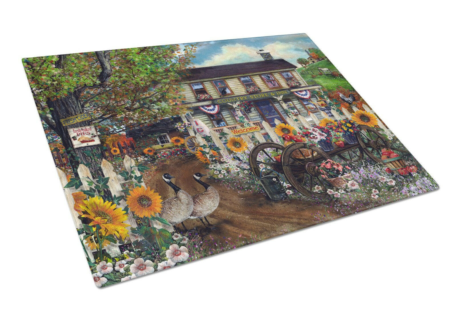Sunflowers and The Old Country Store Cutting Board Tempered Glass Kitchen Cutting Surface, Heat Resistant Chopping, Non-Slip Feet, Food Prep & Serving