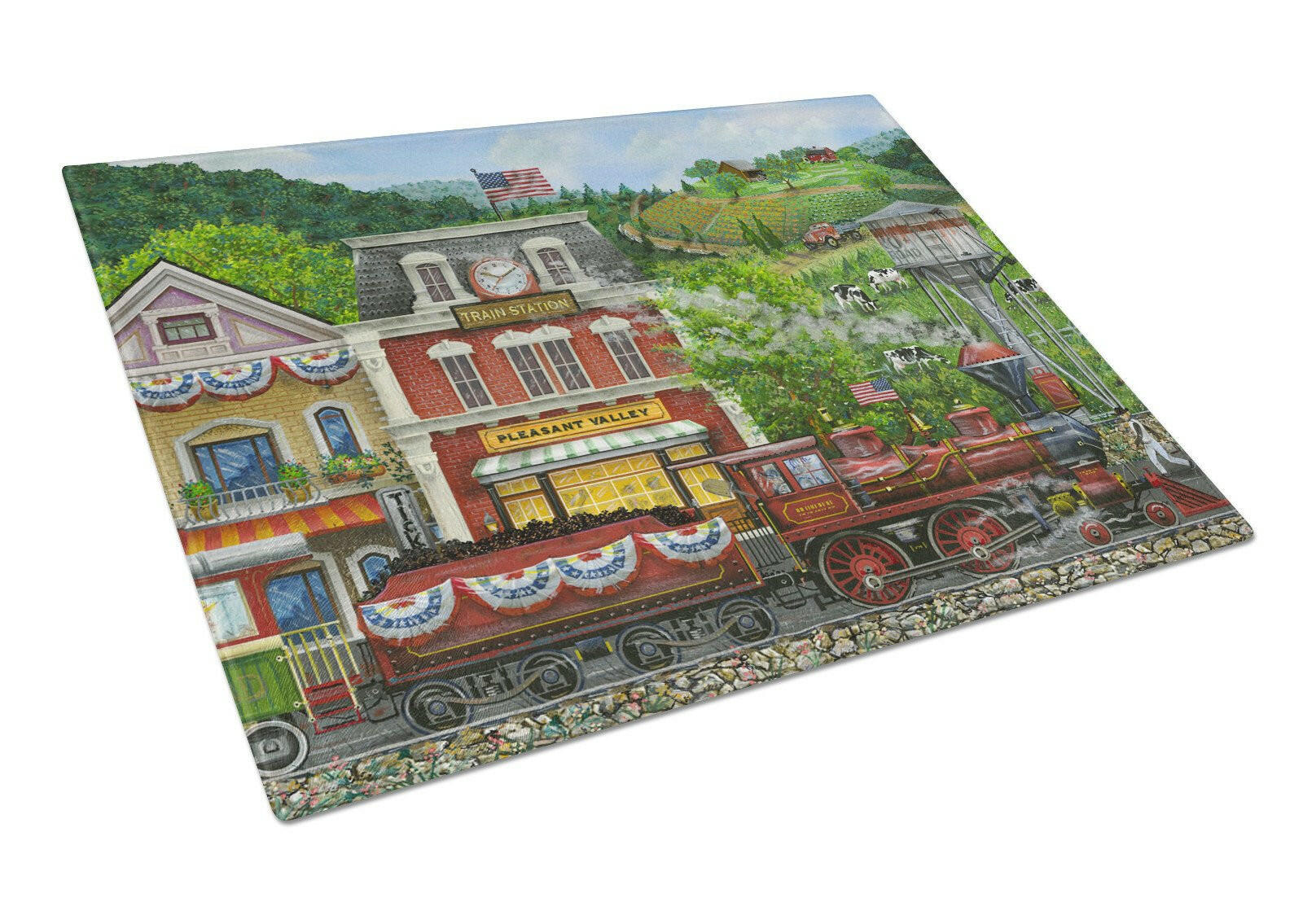 Railroad Train Next Stop Pleasant Valley Cutting Board Tempered Glass Kitchen Cutting Surface, Heat Resistant Chopping, Non-Slip Feet, Food Prep & Serving