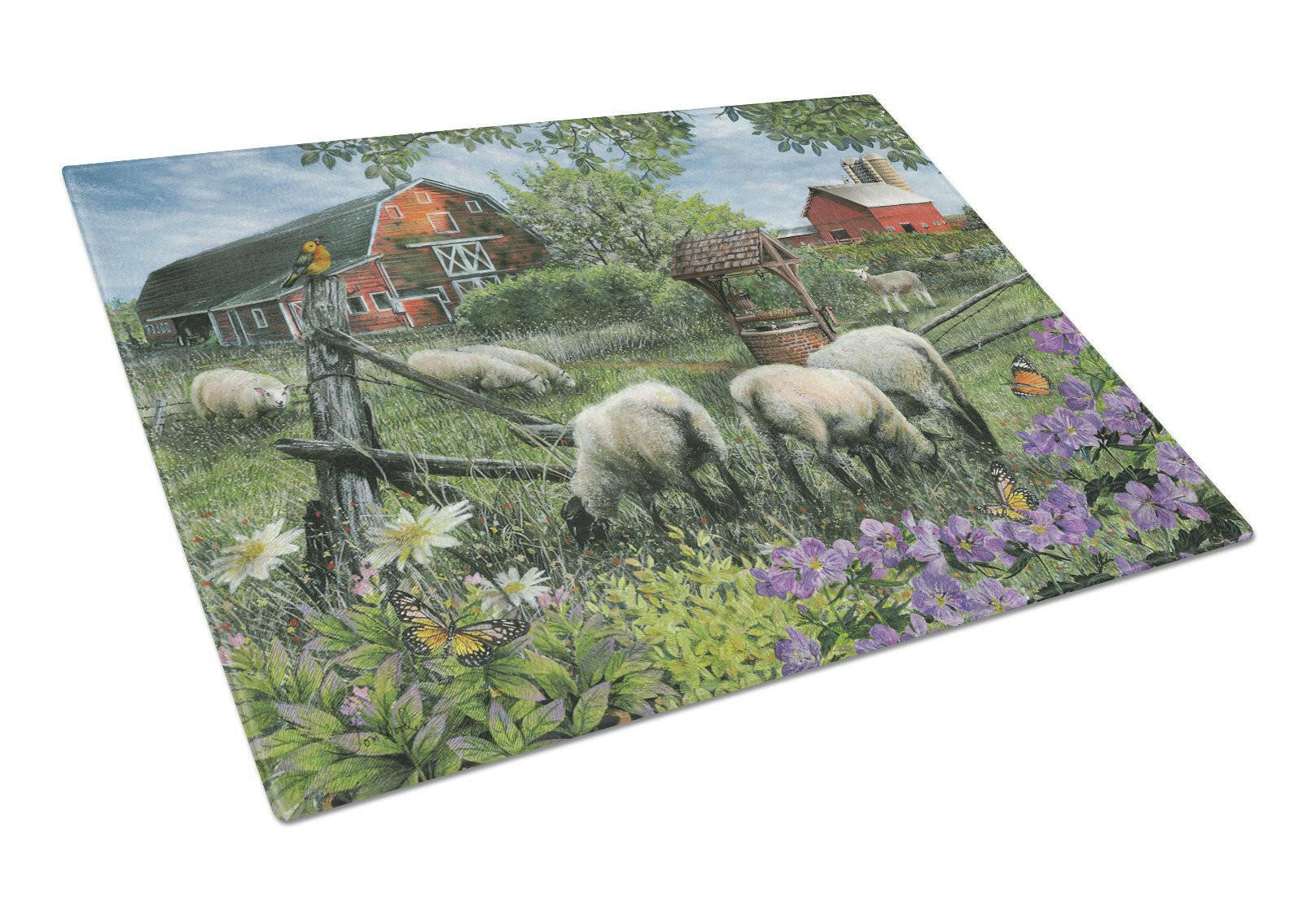 Pleasant Valley Sheep Farm Cutting Board Tempered Glass Kitchen Cutting Surface, Heat Resistant Chopping, Non-Slip Feet, Food Prep & Serving