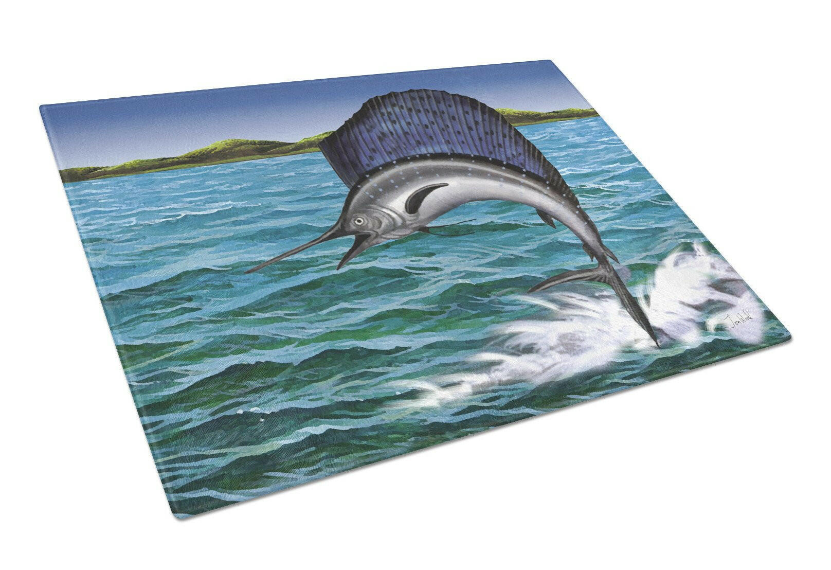 Blue Marlin Cutting Board Tempered Glass Kitchen Cutting Surface, Heat Resistant Chopping, Non-Slip Feet, Food Prep & Serving