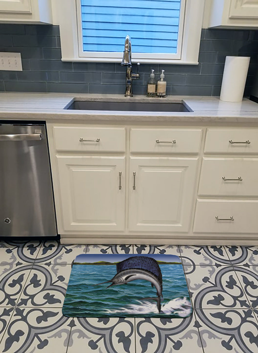 Blue Marlin Memory Foam Kitchen Mat Machine Washable Anti-Fatigue Cushion Comfort Bath or Kitchen Rug