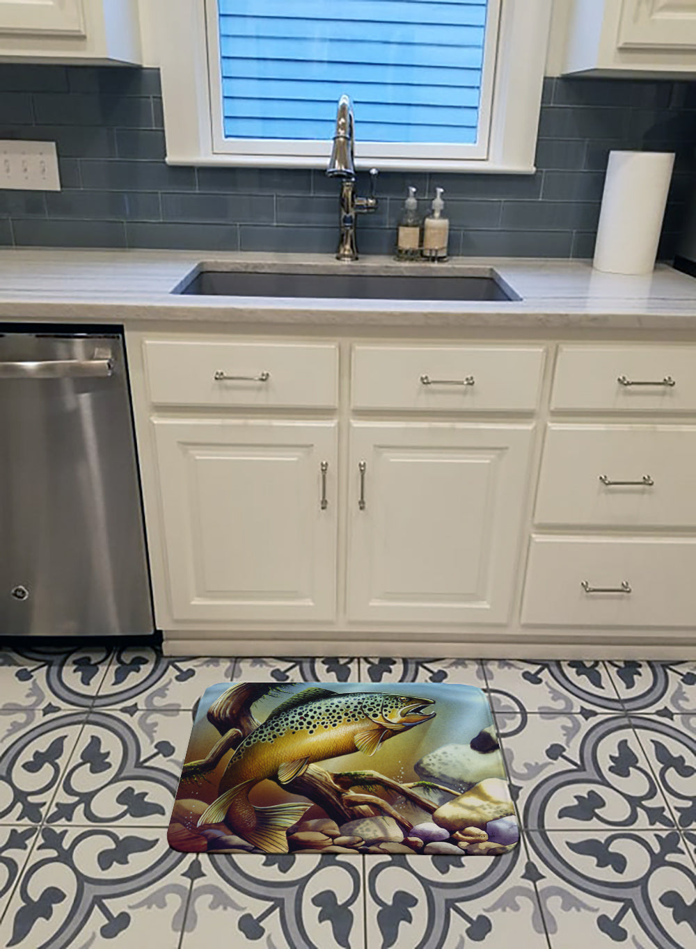 Brook Trout Memory Foam Kitchen Mat Machine Washable Anti-Fatigue Cushion Comfort Bath or Kitchen Rug