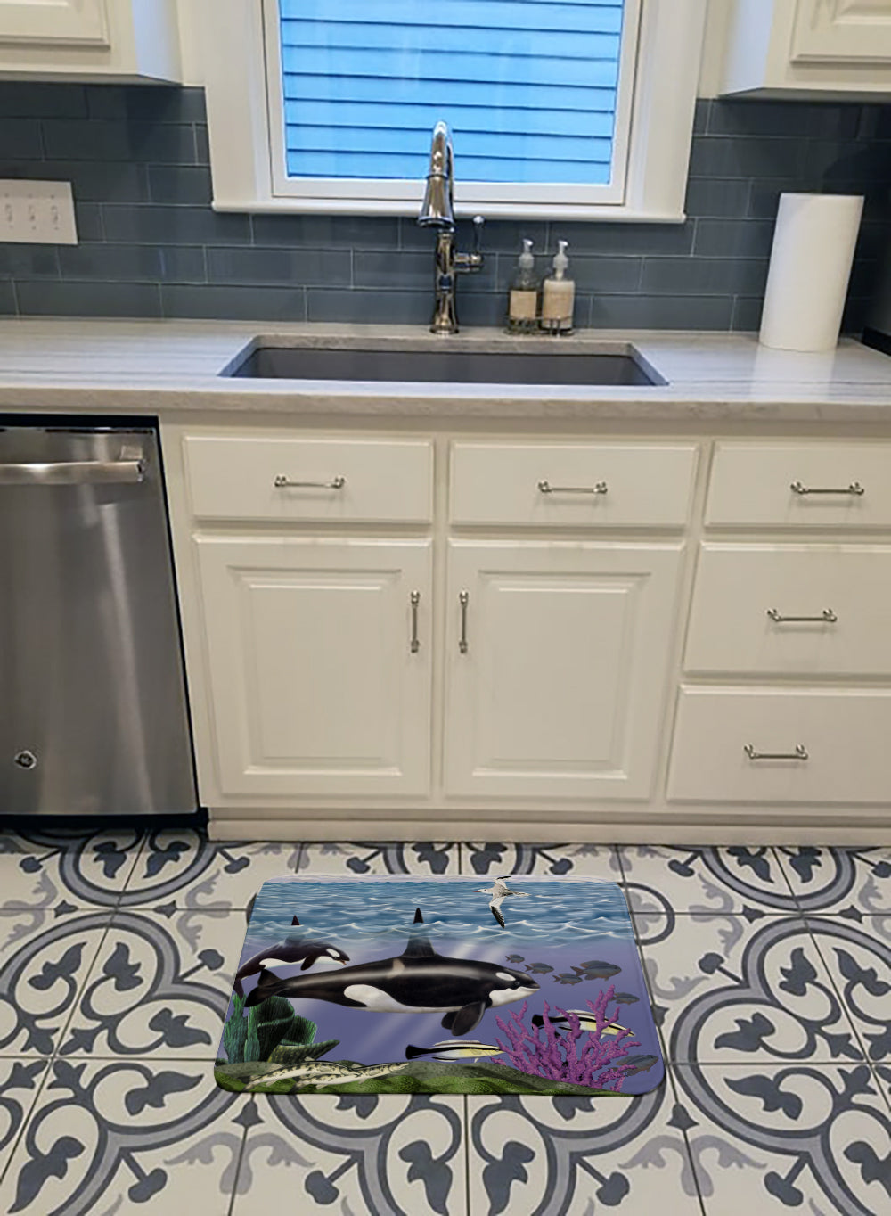 Whale Orcas Memory Foam Kitchen Mat Machine Washable Anti-Fatigue Cushion Comfort Bath or Kitchen Rug