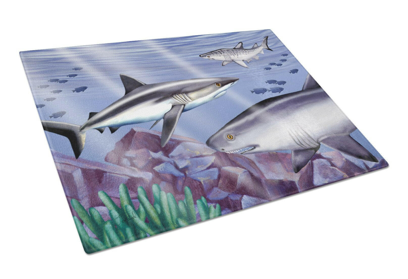 Sharks Cutting Board Tempered Glass Kitchen Cutting Surface, Heat Resistant Chopping, Non-Slip Feet, Food Prep & Serving