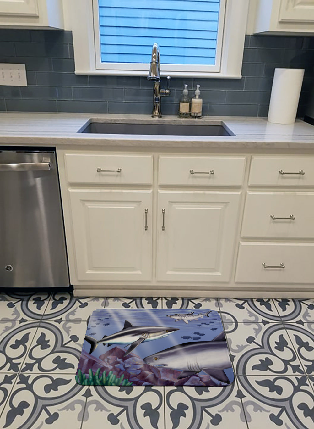Sharks Memory Foam Kitchen Mat Machine Washable Anti-Fatigue Cushion Comfort Bath or Kitchen Rug