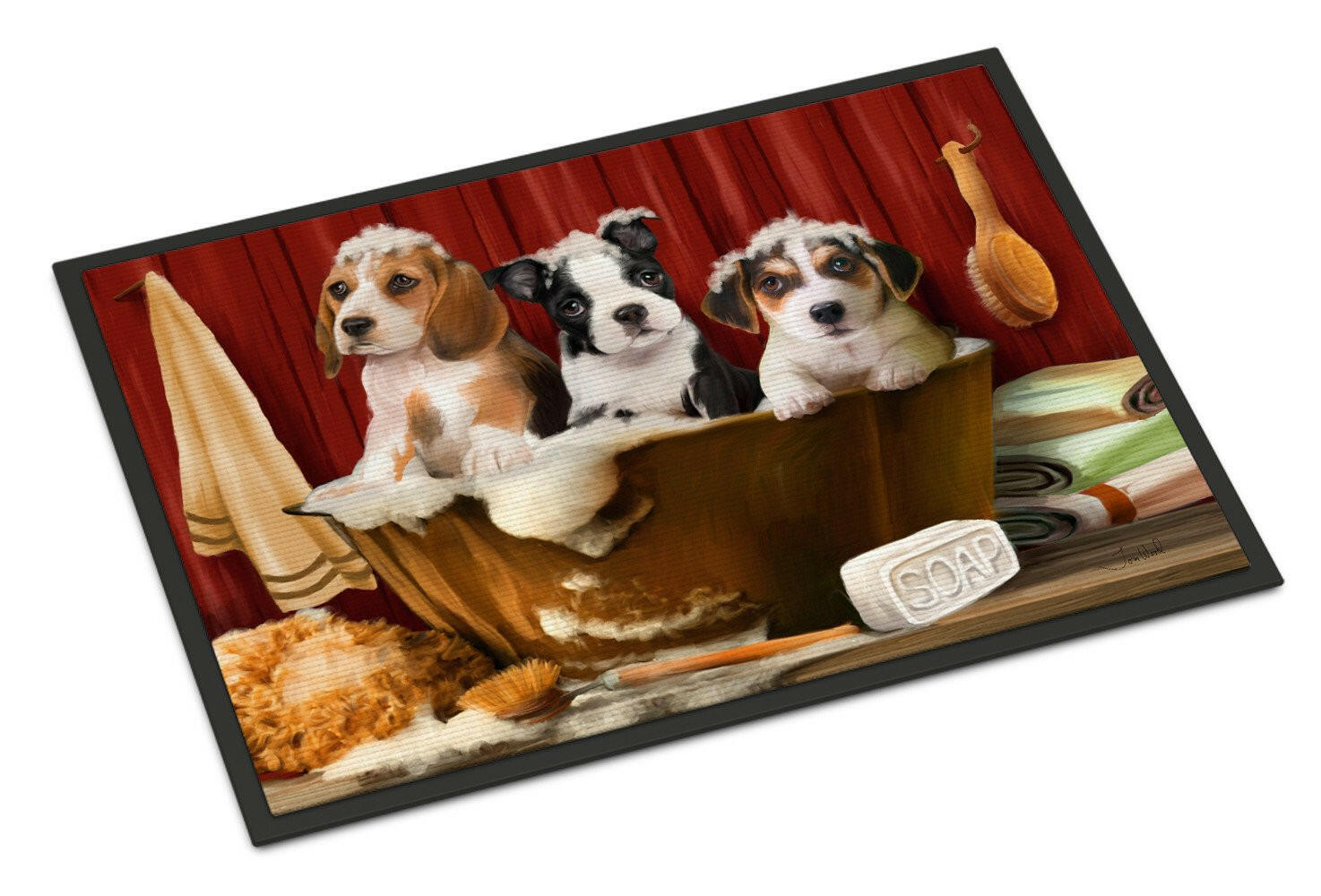 Beagle, Boston Terrier and Jack Russel in the Tub Doormat Indoor Outdoor 24H X 36W Front Door Mat Rugs for Entryway, Non Slip Washable Low Pile,