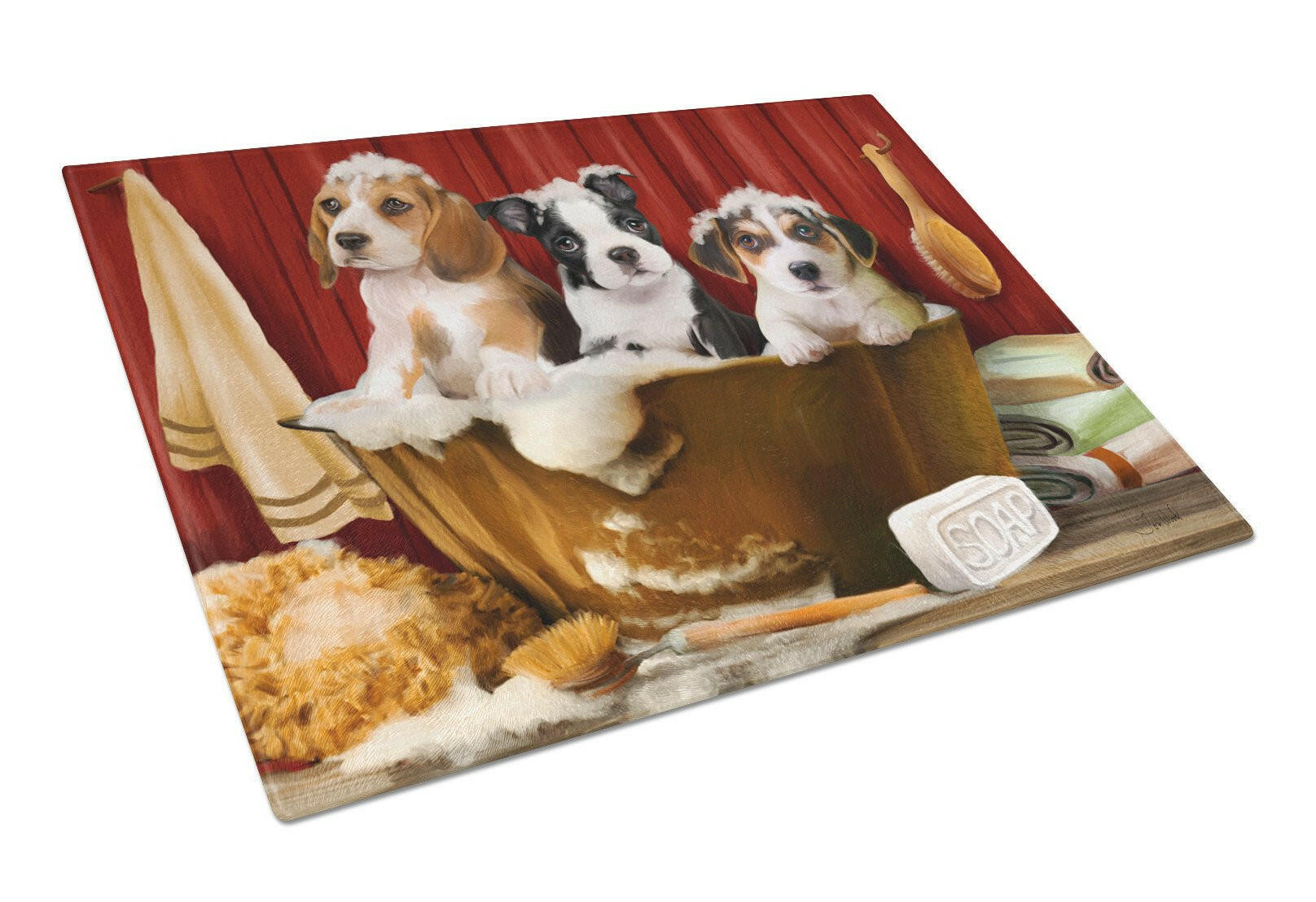 Beagle, Boston Terrier and Jack Russel in the Tub Cutting Board Tempered Glass Kitchen Cutting Surface, Heat Resistant Chopping, Non-Slip Feet, Food Prep & Serving