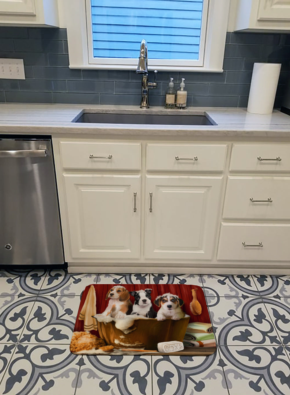 Beagle, Boston Terrier and Jack Russel in the Tub Memory Foam Kitchen Mat Machine Washable Anti-Fatigue Cushion Comfort Bath or Kitchen Rug