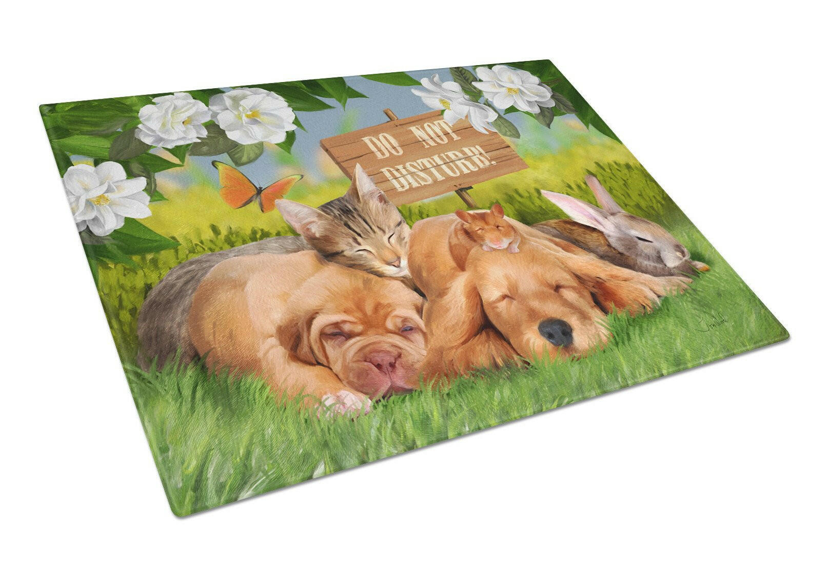 Golden Retriever and Sharpei Do Not Disturb Cutting Board Tempered Glass Kitchen Cutting Surface, Heat Resistant Chopping, Non-Slip Feet, Food Prep & Serving