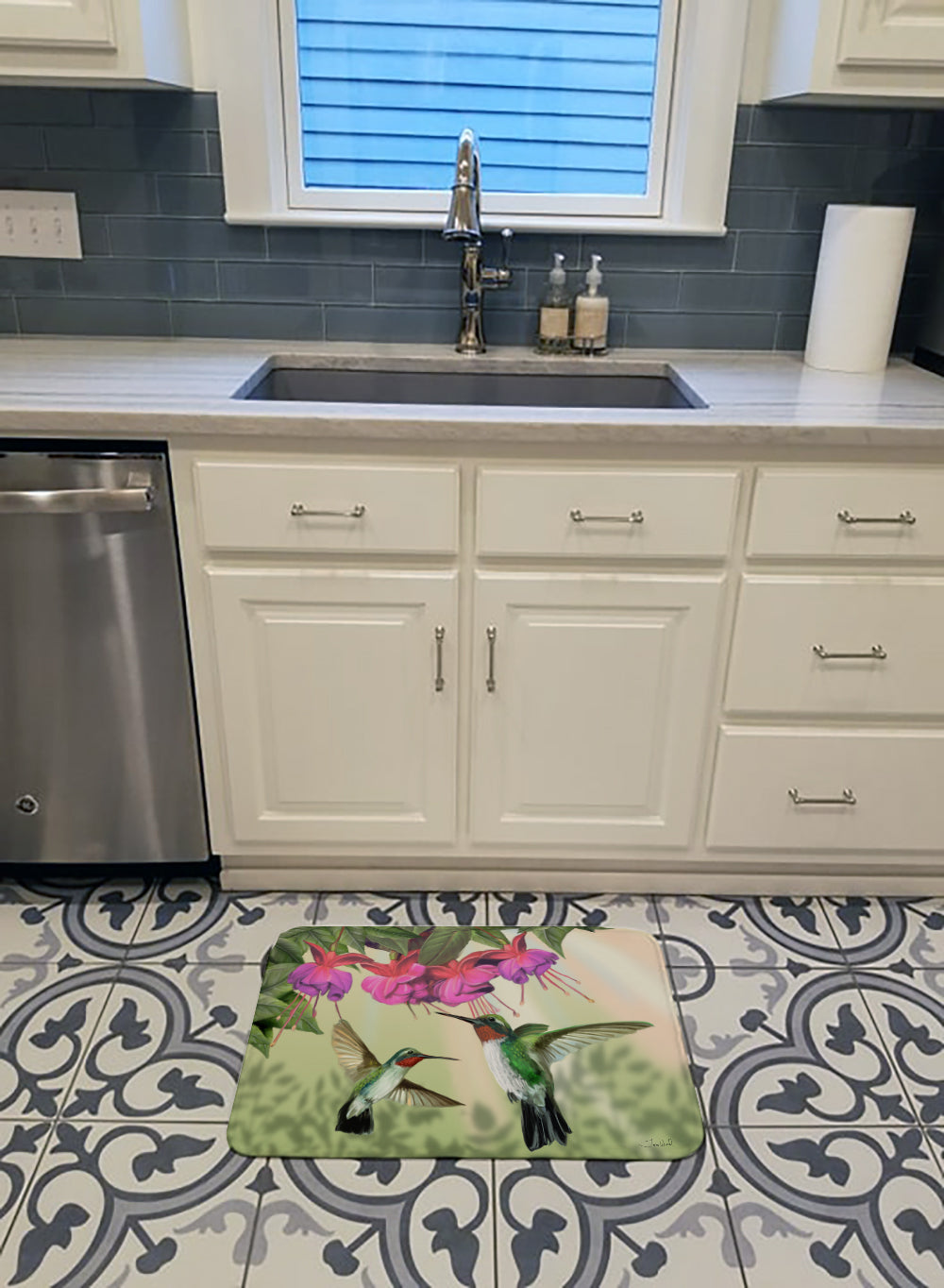 Fuchsia and Hummingbirds Memory Foam Kitchen Mat Machine Washable Anti-Fatigue Cushion Comfort Bath or Kitchen Rug