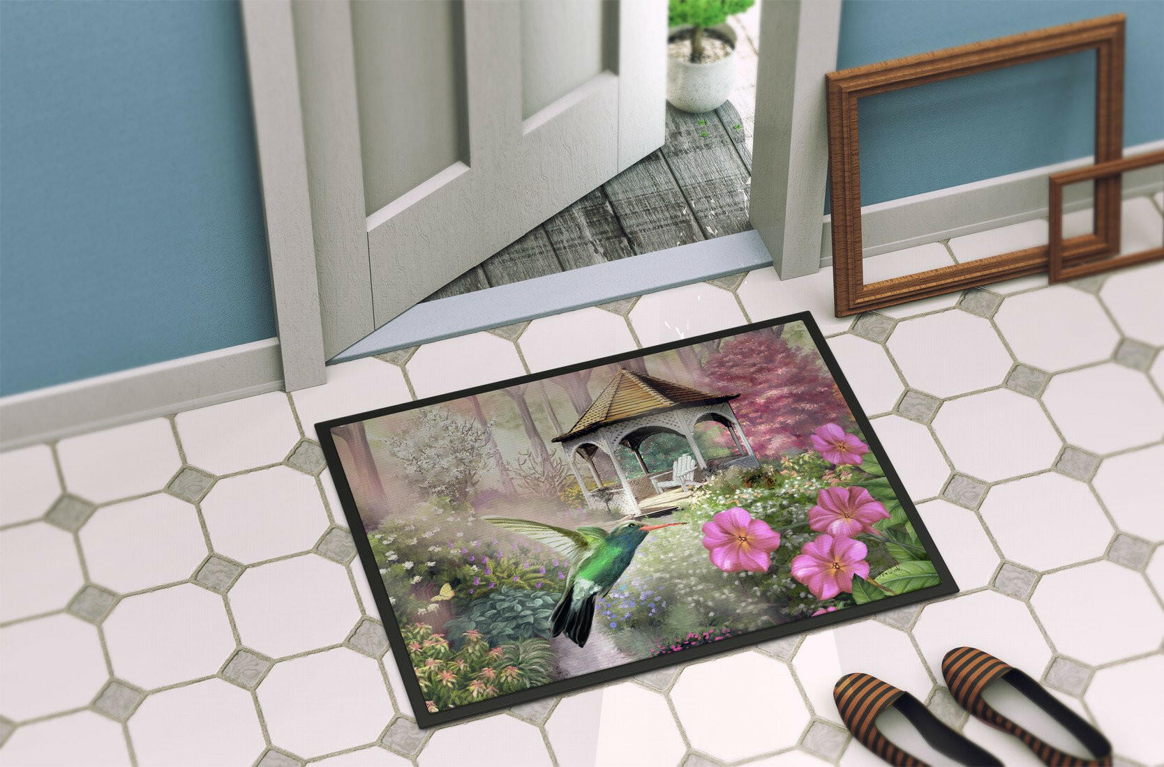 Garden Gazebo Hummingbird Doormat Indoor Outdoor 24H X 36W Front Door Mat Rugs for Entryway, Non Slip Washable Low Pile,