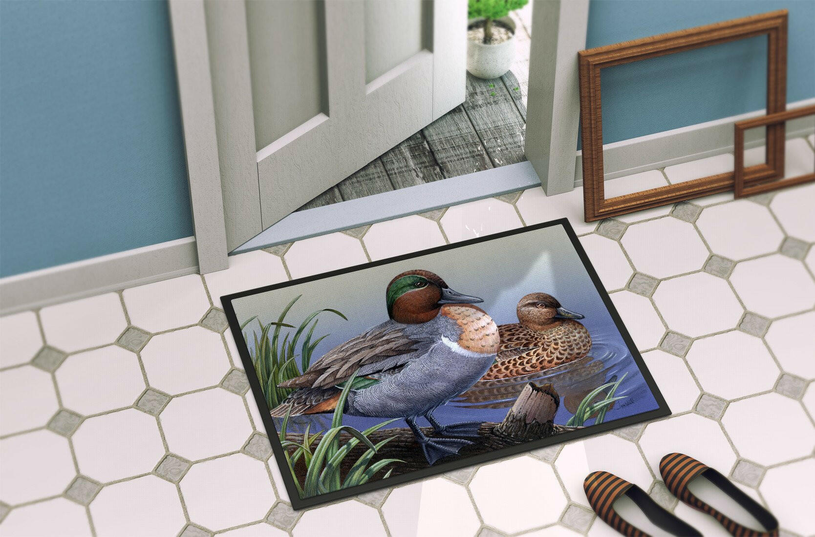 Green Teal Ducks in the Water Doormat Indoor Outdoor 24H X 36W Front Door Mat Rugs for Entryway, Non Slip Washable Low Pile,