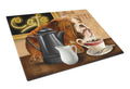 English Bulldog Morning Coffee Cutting Board Tempered Glass Kitchen Cutting Surface, Heat Resistant Chopping, Non-Slip Feet, Food Prep & Serving