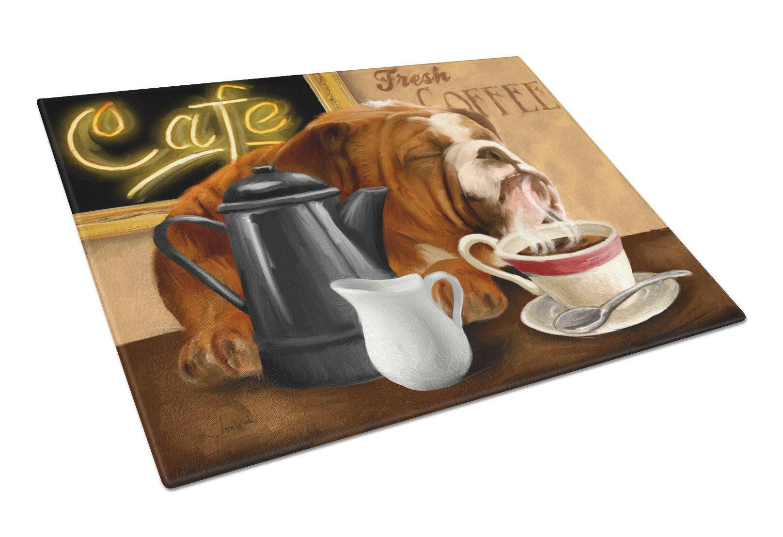 English Bulldog Morning Coffee Cutting Board Tempered Glass Kitchen Cutting Surface, Heat Resistant Chopping, Non-Slip Feet, Food Prep & Serving