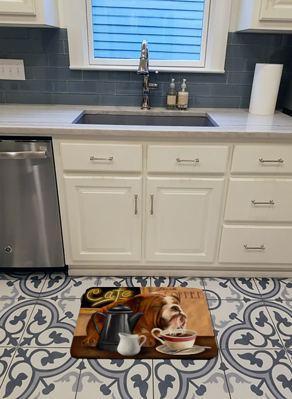 English Bulldog Morning Coffee Memory Foam Kitchen Mat Machine Washable Anti-Fatigue Cushion Comfort Bath or Kitchen Rug