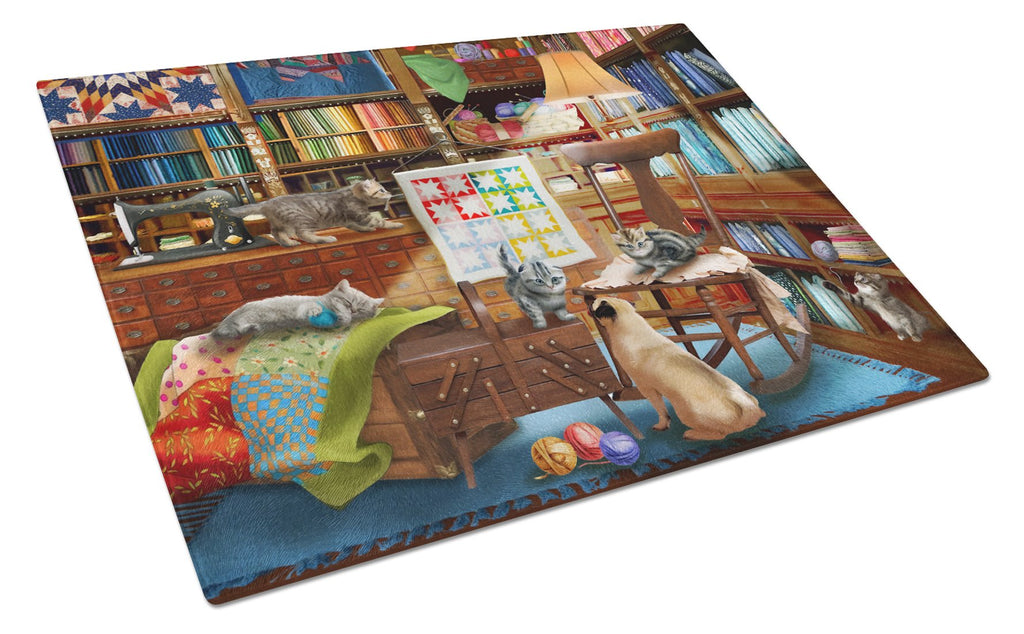 Trouble in The Quilt Room Cutting Board Tempered Glass Kitchen Cutting Surface, Heat Resistant Chopping, Non-Slip Feet, Food Prep & Serving