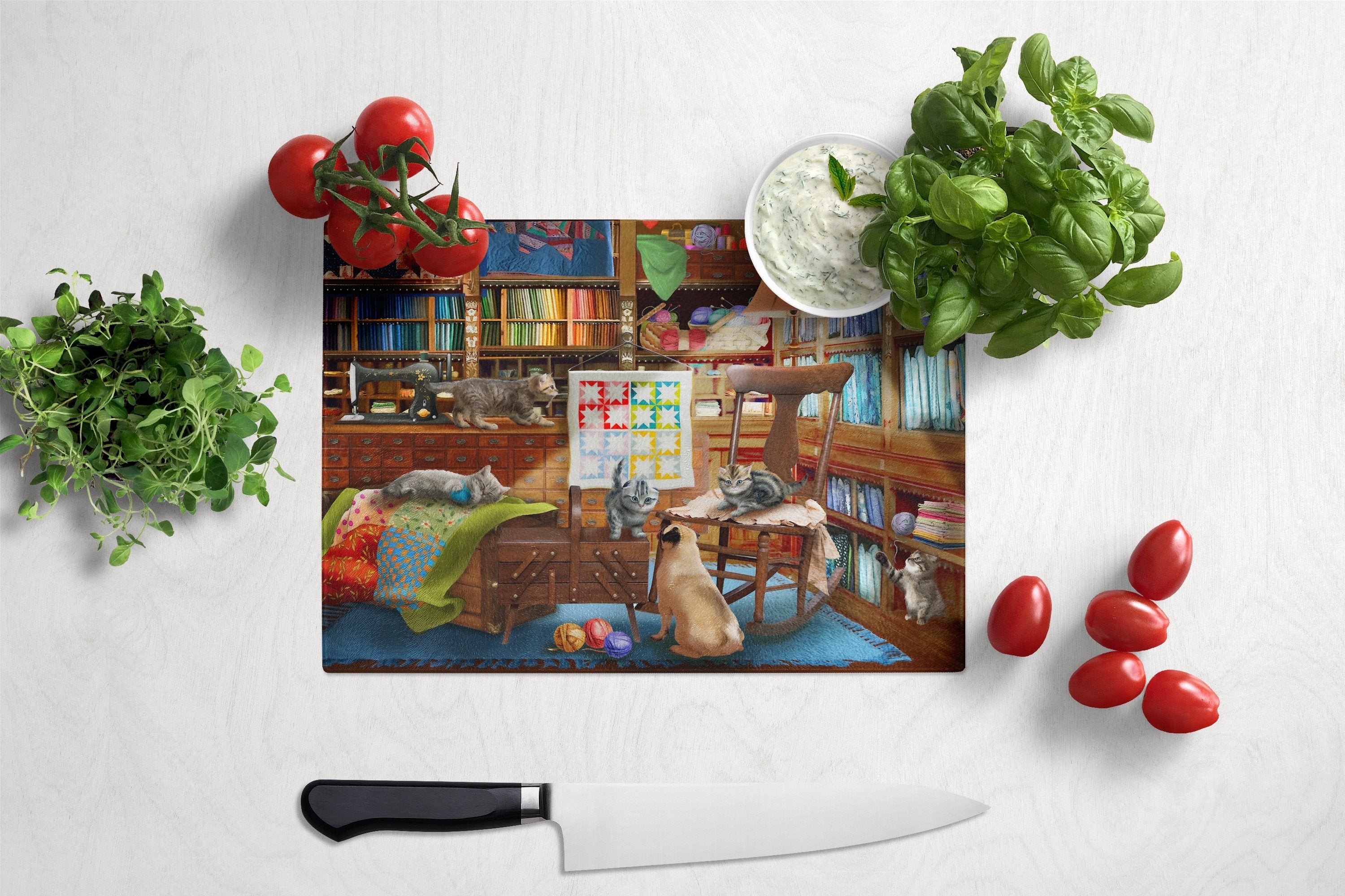 Trouble in The Quilt Room Cutting Board Tempered Glass Kitchen Cutting Surface, Heat Resistant Chopping, Non-Slip Feet, Food Prep & Serving