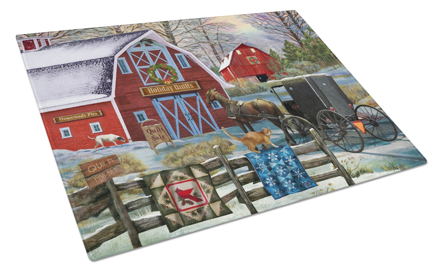 Christmas Holiday Quilt Shop Barn Cutting Board Tempered Glass Kitchen Cutting Surface, Heat Resistant Chopping, Non-Slip Feet, Food Prep & Serving