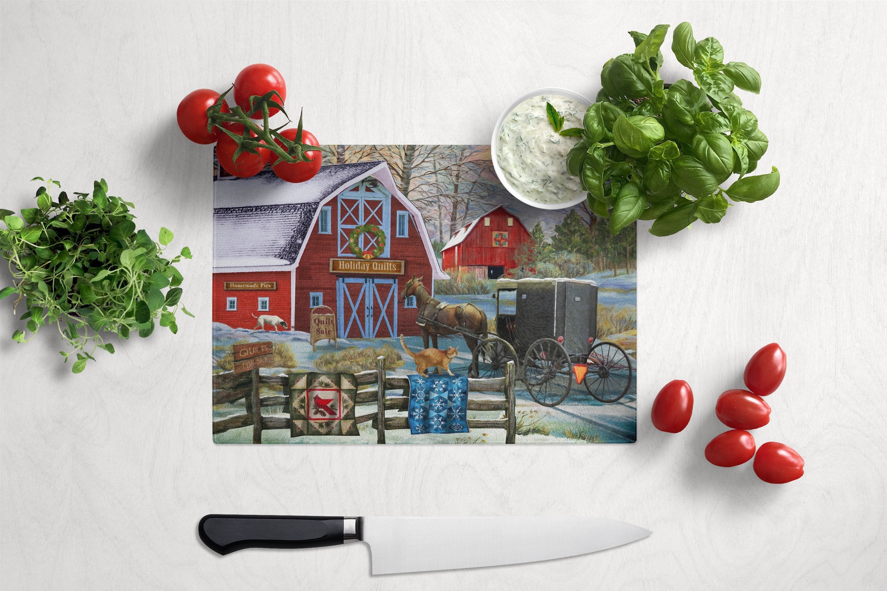 Christmas Holiday Quilt Shop Barn Cutting Board Tempered Glass Kitchen Cutting Surface, Heat Resistant Chopping, Non-Slip Feet, Food Prep & Serving