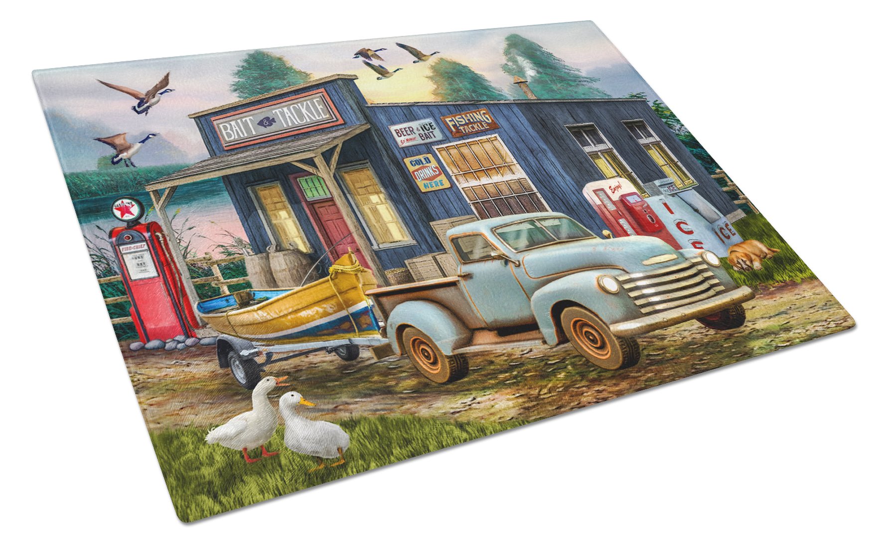 Early Bird Catches the Fish Bait Shop Cutting Board Tempered Glass Kitchen Cutting Surface, Heat Resistant Chopping, Non-Slip Feet, Food Prep & Serving