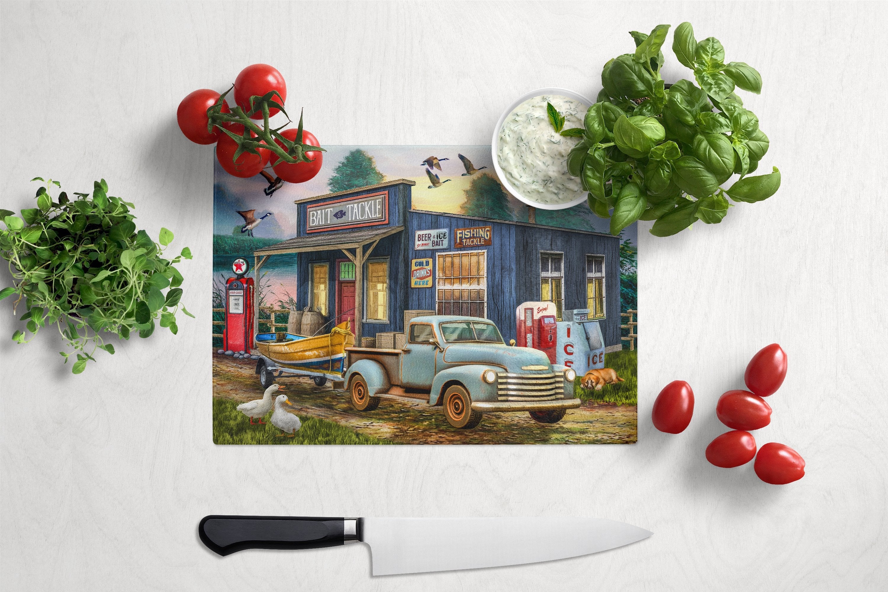 Early Bird Catches the Fish Bait Shop Cutting Board Tempered Glass Kitchen Cutting Surface, Heat Resistant Chopping, Non-Slip Feet, Food Prep & Serving