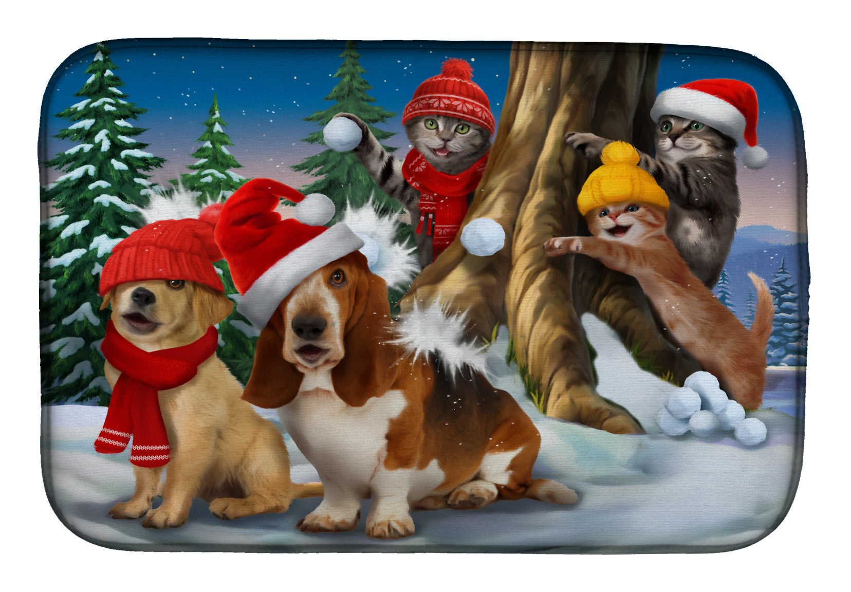 Basset, Golden and Cats Snowball Fight Dish Drying Mat Absorbent Dish Drying Mat Pad for Kitchen Counter Dish Drainer Mat for Countertop, 14 x 21", Multicolor
