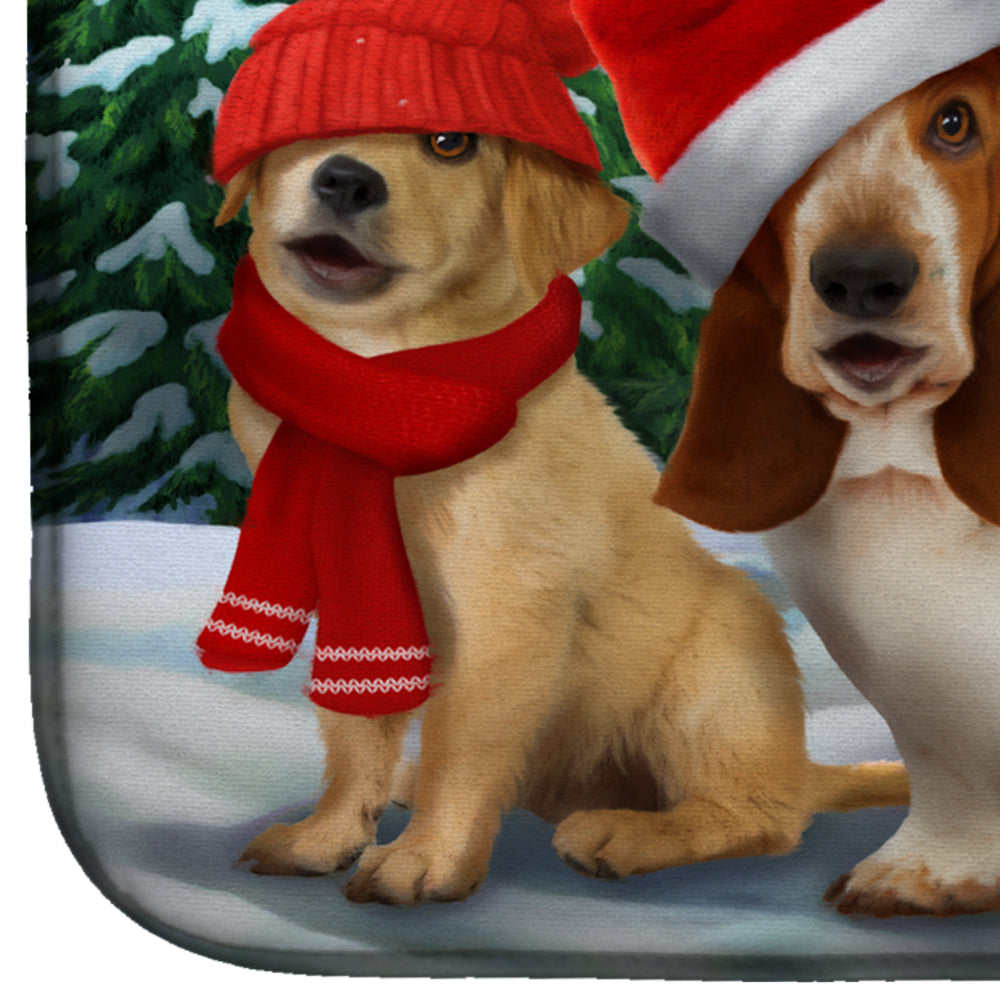Basset, Golden and Cats Snowball Fight Dish Drying Mat Absorbent Dish Drying Mat Pad for Kitchen Counter Dish Drainer Mat for Countertop, 14 x 21", Multicolor